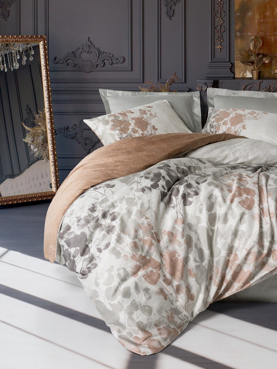 Lenjerie de pat dubla King (FR), L'essentiel Maison, Blatt, Gri - imagine 4